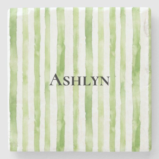 熱帯グリーンホワイトストライプ ストーンコースター (正面)
