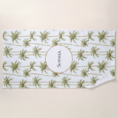 熱帯グリーンホワイトパームの木 ビーチタオル (正面)