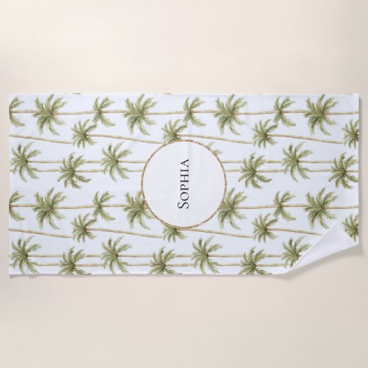 熱帯グリーンホワイトパームの木 ビーチタオル (正面)