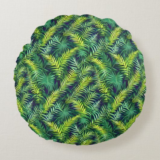 熱帯グリーンリーフファーンパターン ラウンドクッション (正面)