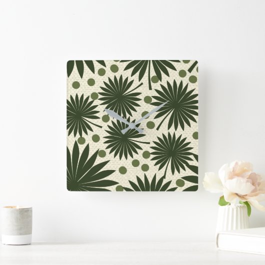 熱帯グリーンレインフォレストパームリーフアート スクエア壁時計 (ホーム)