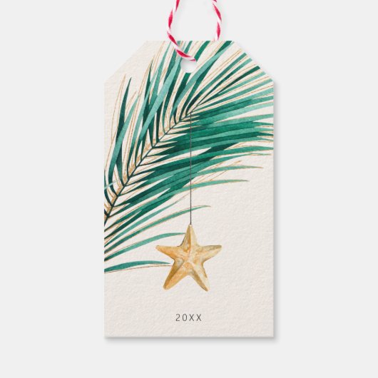 熱帯グリーン金ゴールド水彩ヒトデのクリスマス ギフトタグ (裏面)