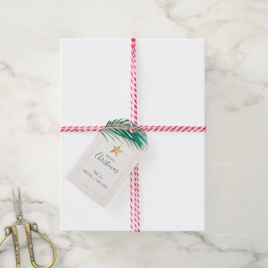 熱帯グリーン金ゴールド水彩ヒトデのクリスマス ギフトタグ (より糸付き)