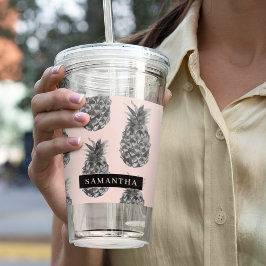 熱帯グレーとピンクのパイナップルパターン名 アクリルタンブラー