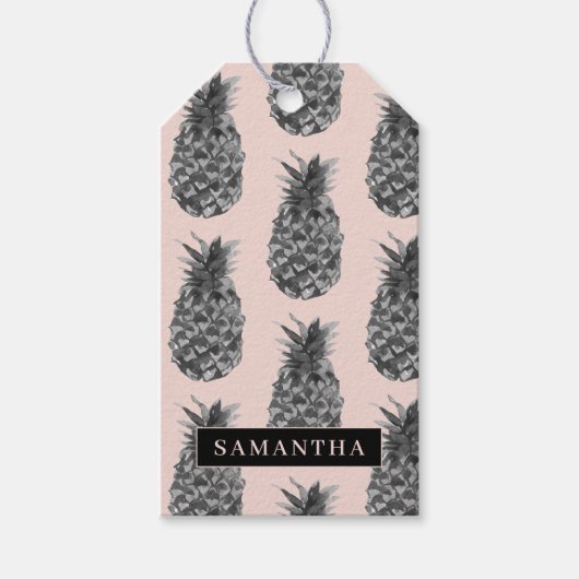 熱帯グレーとピンクのパイナップルパターン名 ギフトタグ (正面)