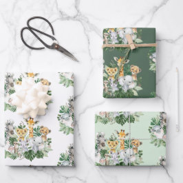 熱帯サファリアニマルジャングルグリーンリー野生パーティー ラッピングペーパーシート