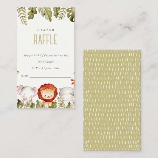 熱帯サファリ動物おむつラッフルベビーシャワー エンクロージャーカード (正面/裏面)