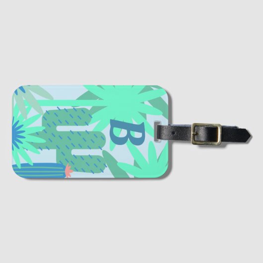 熱帯サボテンと動物類グリーンモノグラム ラゲッジタグ (正面横)