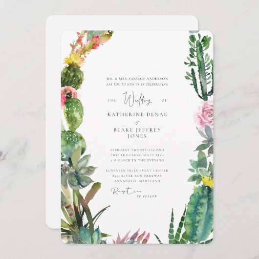 熱帯サボテンの花嫁の両親が丸く 招待状 (正面/裏面)