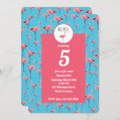 熱帯サマーピンクフラミンゴガーリー第5誕生日 招待状 (正面/裏面)