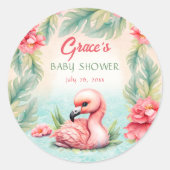 熱帯サマーピンクフラミンゴガールベビーシャワー ラウンドシール (正面)