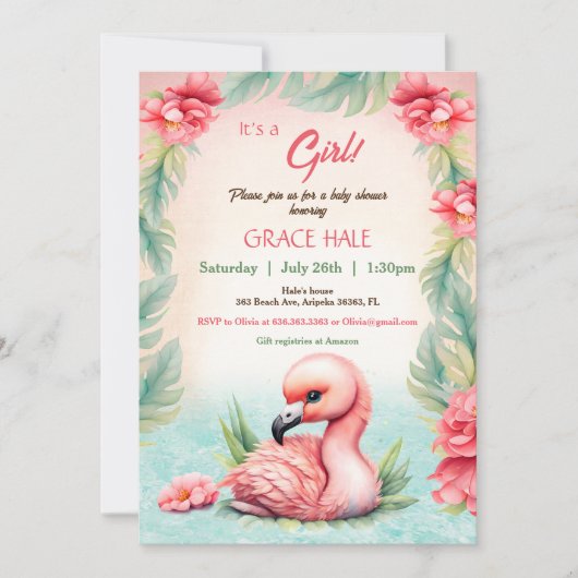 熱帯サマーピンクフラミンゴガールベビーシャワー 招待状 (正面)