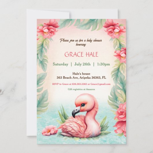 熱帯サマーピンクフラミンゴベビーシャワーパーティー 招待状 (正面)