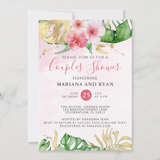 熱帯サマーモダンフローラカップル赤ちゃんシャワー 招待状 (正面)