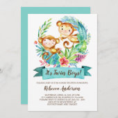 熱帯サルツインボーイズベビーシャワー 招待状 (正面/裏面)