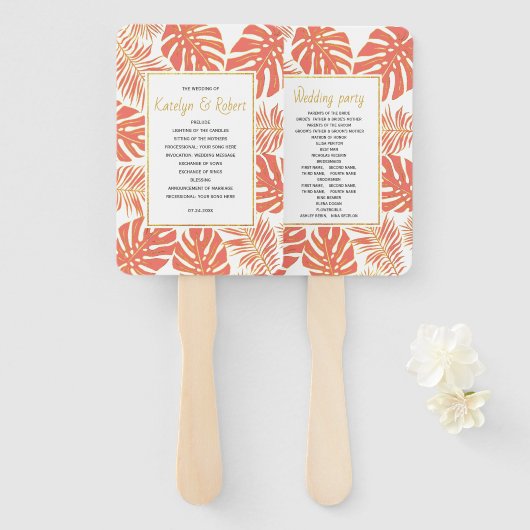 熱帯サンゴと金ゴールド葉の結婚式 ハンドファン (正面&裏面)