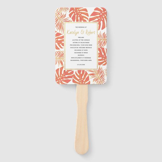 熱帯サンゴと金ゴールド葉の結婚式 ハンドファン (正面)