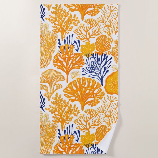 熱帯サンゴ模様の黄金色 ビーチタオル (正面)
