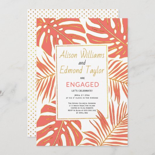熱帯サンゴ、金ゴールド葉婚約パーティ 招待状 (正面/裏面)