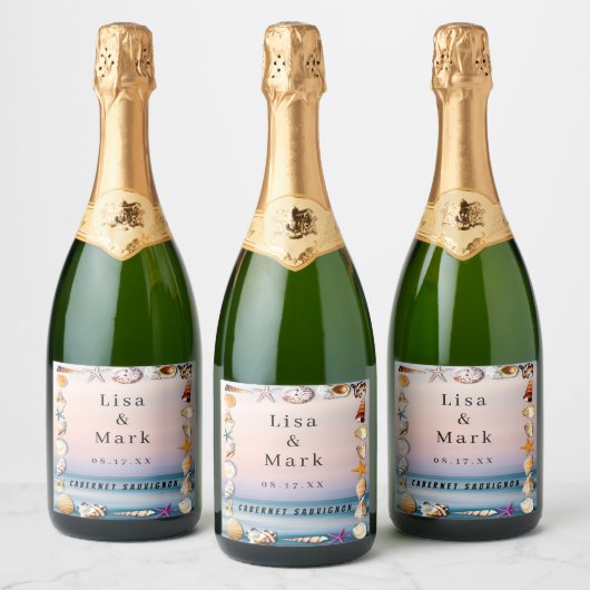 熱帯サンディビーチとシーシェルズワインラベル スパークリングワインラベル (ボトル)