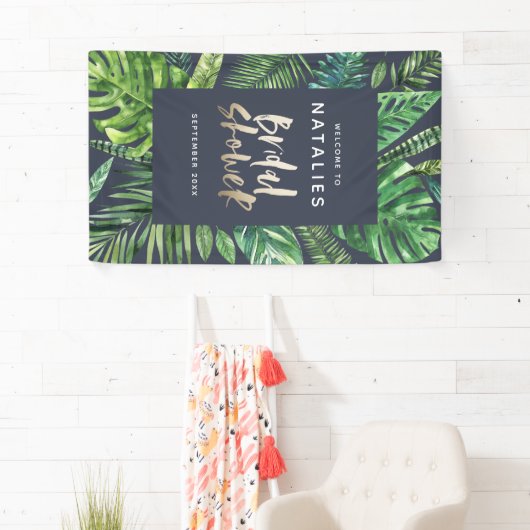 熱帯シュロの葉及び金ゴールドの原稿のブライダルシャワー 横断幕 (インサイチュ)