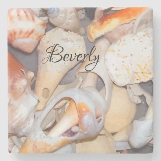 熱帯シーシェルパターンのモノグラム ストーンコースター (正面)