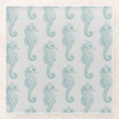 熱帯シーホース、シーホースパターン – ブルーグレー ガラスコースター (正面)