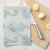 熱帯シーホース、シーホースパターン – ブルーグレー キッチンタオル (四つ折り)