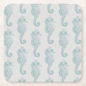 熱帯シーホース、シーホースパターン – ブルーグレー スクエアペーパーコースター (正面)