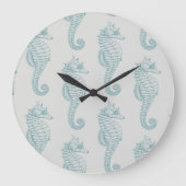 熱帯シーホース、シーホースパターン – ブルーグレー ラージ壁時計 (正面)