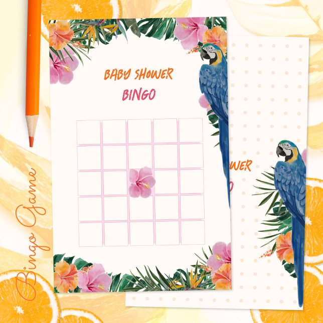 熱帯ジャングルのオウム赤ちゃんシャワービンゴゲーム (Tropical Jungle Parrot Baby Shower Bingo Game ©Susanne Sachers - Sunny Mind 🌞)