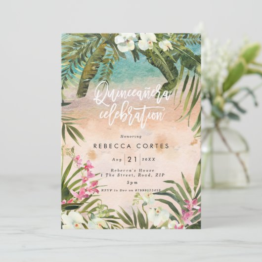 熱帯ジャングルのキンセアニェラの第15誕生日 招待状 (スタンド正面)