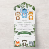 熱帯ジャングルのサファリかわいい動物のベビーシャワー オールインワン招待状 (内側)