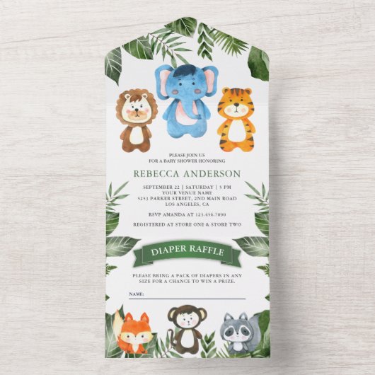 熱帯ジャングルのサファリかわいい動物のベビーシャワー オールインワン招待状 (内側)