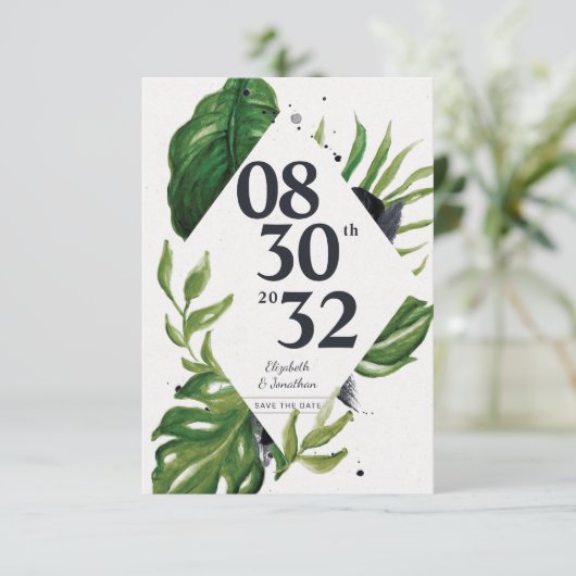 熱帯ジャングルのモダン葉の白い日付を保存 (スタンド正面)