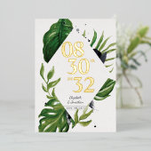 熱帯ジャングルのモダン葉の白い日付を保存 箔招待状 (立ち正面)