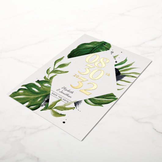 熱帯ジャングルのモダン葉の白い日付を保存 箔招待状 (回転した状態)