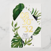 熱帯ジャングルのモダン葉の白い日付を保存 箔招待状 (正面)