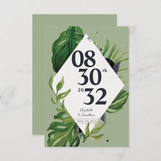 熱帯ジャングルのモダン葉の緑は日付を保存 (正面/裏面)