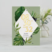 熱帯ジャングルのモダン葉の緑は日付を保存 箔招待状 (立ち正面)