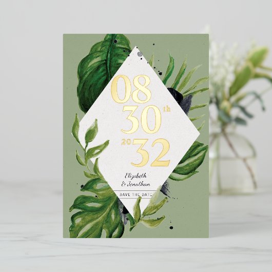 熱帯ジャングルのモダン葉の緑は日付を保存 箔招待状 (立ち正面)