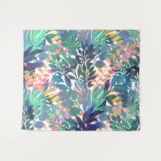 熱帯ジャングルの葉の水色の緑 タペストリー (正面(横))