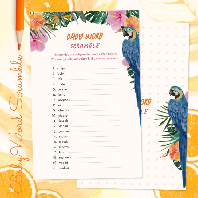 熱帯ジャングルの赤ちゃんシャワーワードスクランブルゲーム (Tropical Jungle Baby Shower Word Scramble Game ©Susanne Sachers - Sunny Mind 🌞)