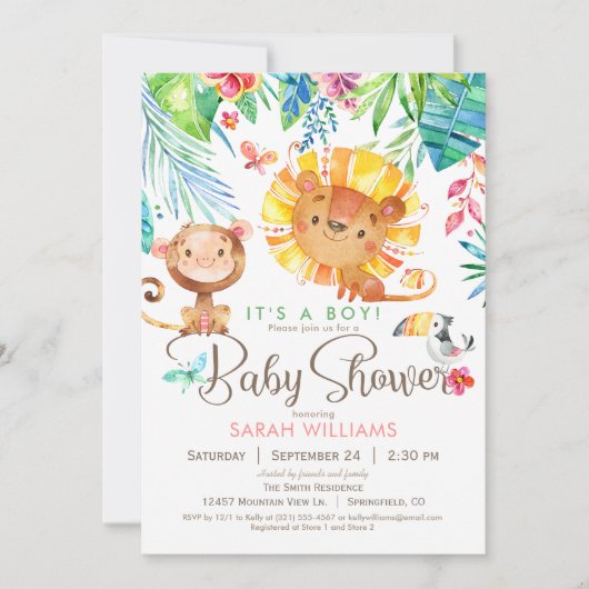 熱帯ジャングルの赤ちゃんシャワー、男の子または女の子 招待状 (正面)