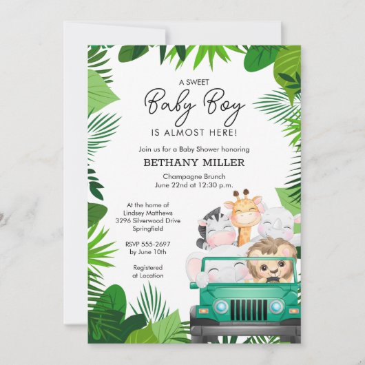 熱帯ジャングルアニマルサファリボーイベビーシャワー 招待状 (正面)