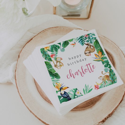 熱帯ジャングルアニマル子供の誕生日パーティー スタンダードカクテルナプキン