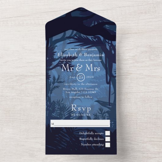 熱帯ジャングルウッドランド結婚フォレスト オールインワン招待状 (内側)