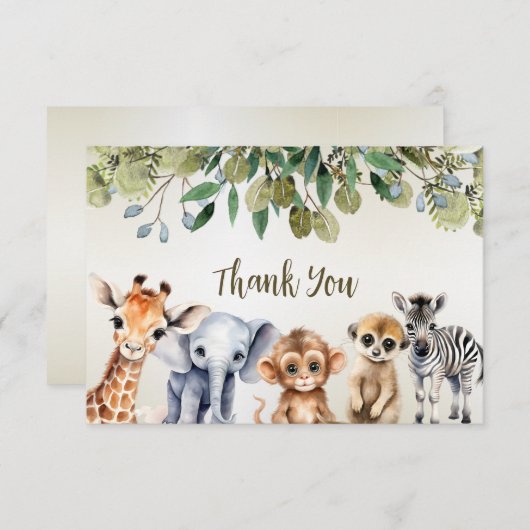 熱帯ジャングルサファリアニマルグリーン離れパーティー サンキューカード (正面/裏面)