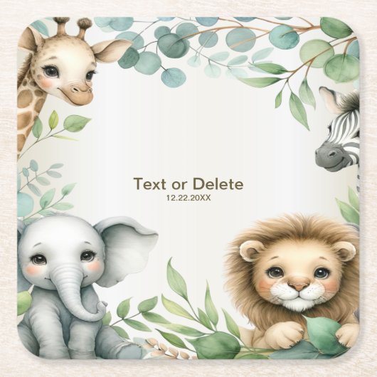 熱帯ジャングルサファリアニマルグリーン離れパーティー スクエアペーパーコースター (正面)