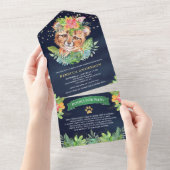 熱帯ジャングルサファリチータネイビーベイビーシャワー オールインワン招待状 (貼ってはがせる)